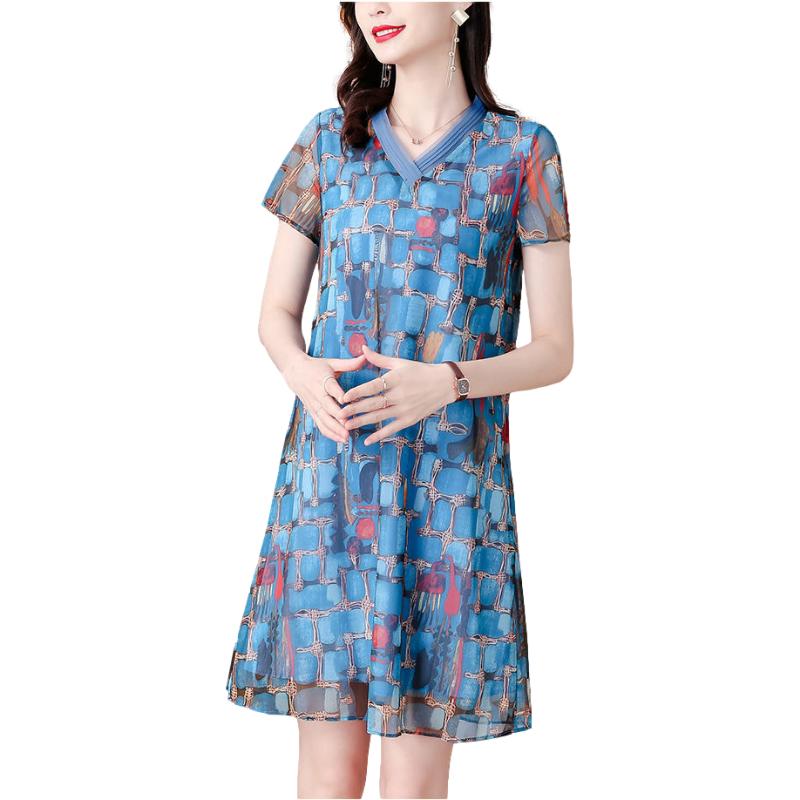 Summer Loose Mid-length Knitted Net Yarn Large Size Slimming Printed Fashion Dress Women