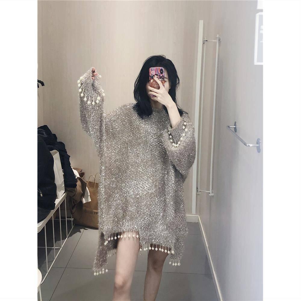 Beads Tassel Knitwear Women Loose Bling Silk Crew Neck Irregular Hem Pullover Sweater Dress