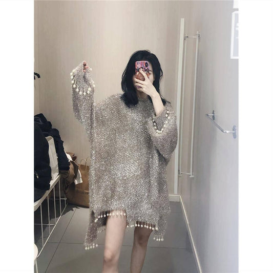 Beads Tassel Knitwear Women Loose Bling Silk Crew Neck Irregular Hem Pullover Sweater Dress