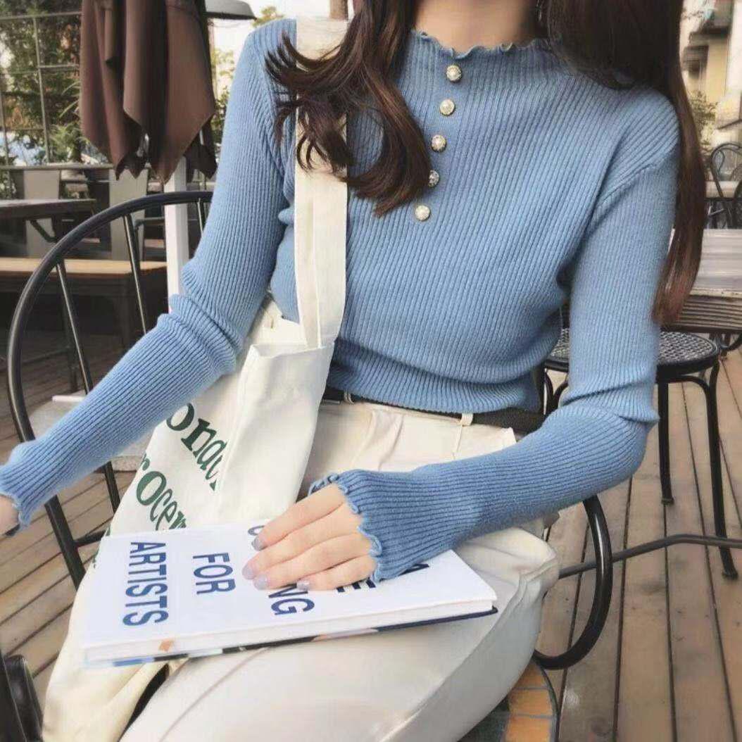 Pofulove Women's Beaded Bottoming Shirtfungus Half Turtleneck Sweater  Pullover Sweater Women's Slim