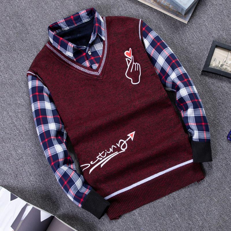 Autumn and Winter Men's Sweater Shirt Fake Two-piece Plus Velvet Thick Knit Sweater Slim Pullover for Teenagers