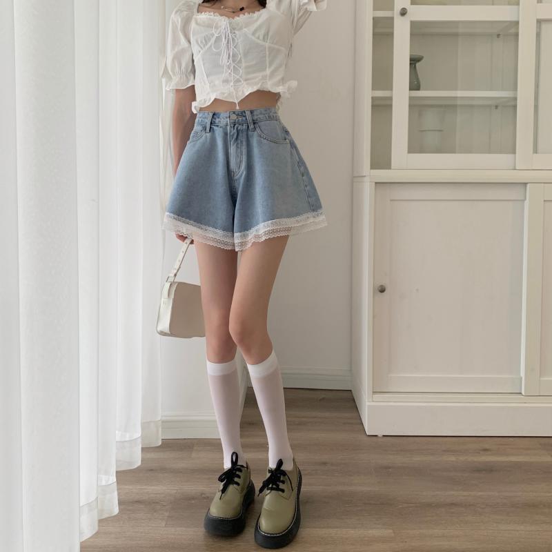 Sweet Denim Shorts for Women Wide Leg Cute Short Pants Summer High Waist Lace Edge Pants A-line Loose Jeans Pants High Waist Shorts Y2k Short Bottoms