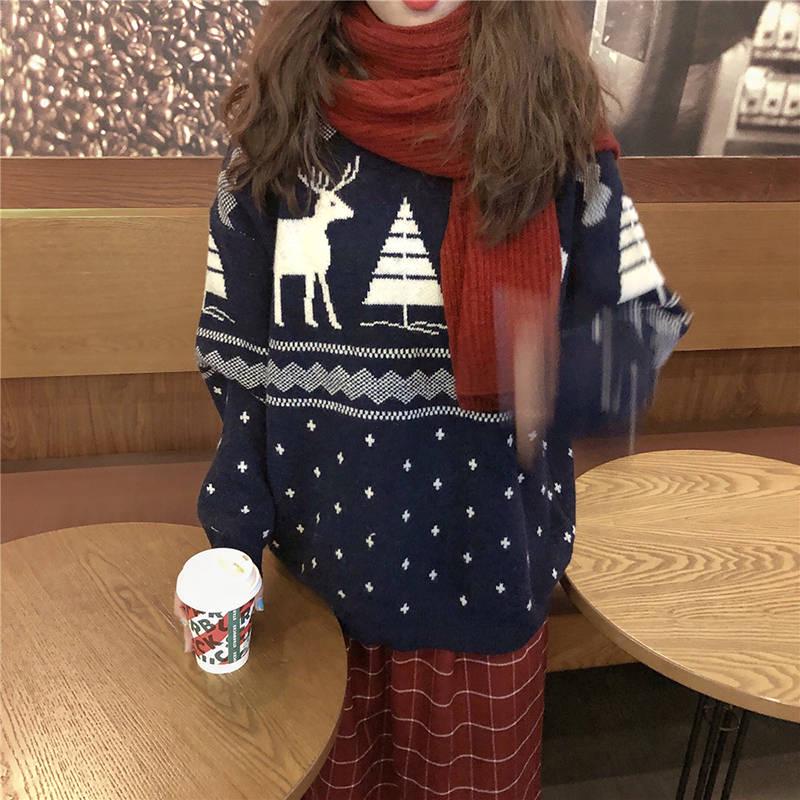 Pofulove Autumn Winter Students Hedging Loose Thicken Outer Wear Christmas Knitted Sweater Women