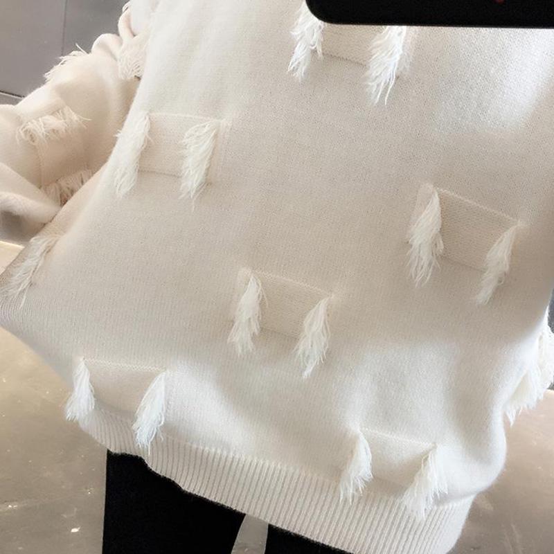 Autumn and Winter Tassel Knit Bottoming Shirt Round Neck Long Sleeve Loose Sweater All-match