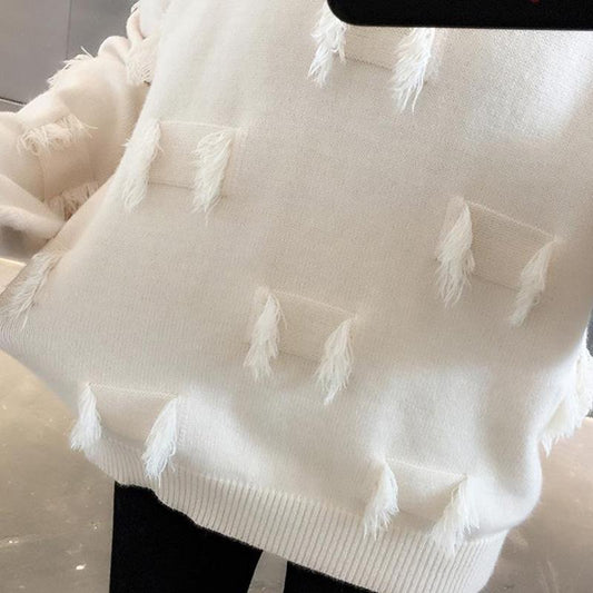 Autumn and Winter Tassel Knit Bottoming Shirt Round Neck Long Sleeve Loose Sweater All-match