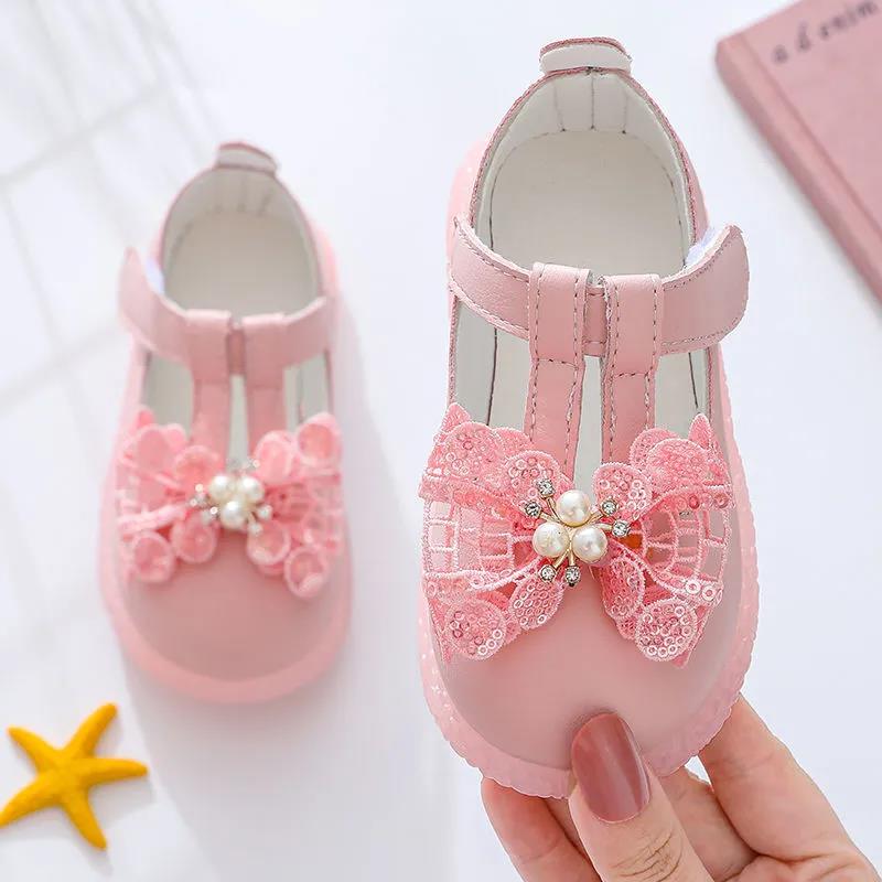 Girl's Bowknot Velcro Soft Soled Pink Single Breathable Shoes Girls' Non Slip Hollow Out Light Princess Shoes