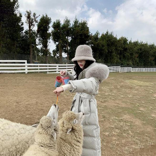 Winter Fluffy Big Fur Collar Down Jacket Long Over-knee Warm Cotton Jacket with Stand-up Collar Hooded Long Cotton Jacket Winter Thick Warm Jacket