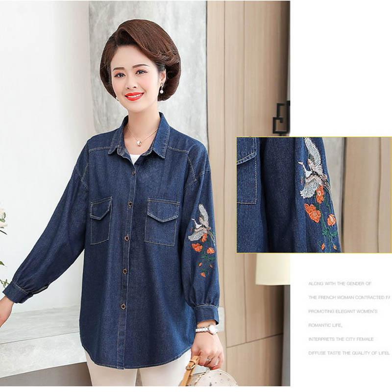 Spring and Autumn Mothers Wear Embroidered Denim Shirt Middle-aged Women Loose Casual Jacket Jacket Women