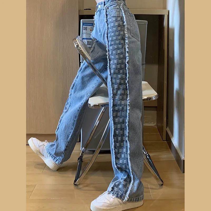 Jeans Women's Tide Design Spring and Autumn Large Size Fat Mm High Waist Slim Tie Pendant Wide Leg Straight Pants