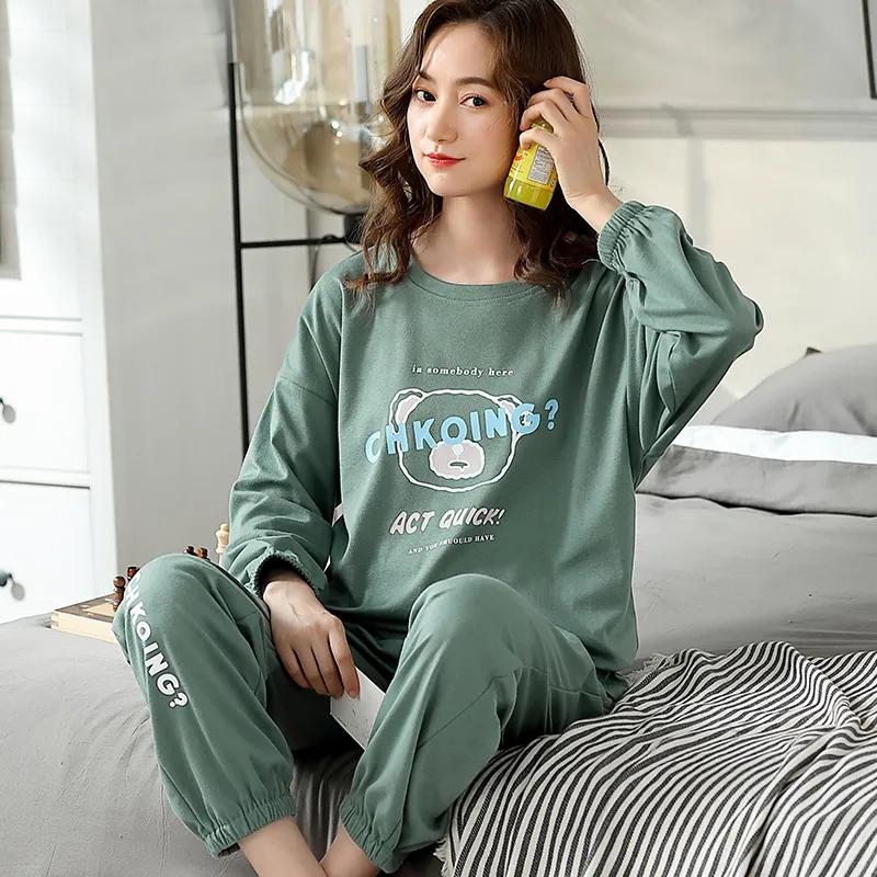 Women's Pajamas Set Cotton Pyjamas Long Sleeve Sleepwear Suit Spring Autumn Nightwear Casual Loose Cute Home Wear Pullover O Neck Tops Pants