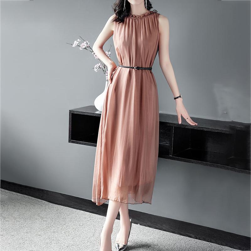 Solid Color Chiffon Vest Dress with Belt Large Size M-XXXL Women's Summer Sleeveless Round Neck Calf-length Daily Wear Office Dating Party Workplace