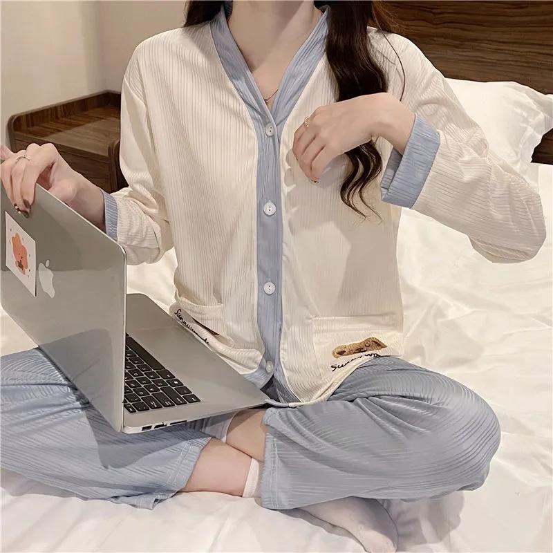 Women's Spring Autumn Long-sleeved Pajamas Set Sweet Cute Printing V-neck Button Suit Cartoon Out Wear Pyjamas Casual Loose Homewear Set Sleeping Suit