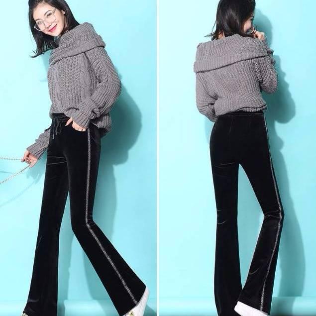 Women's Thick Velvet Wide-leg Pants High-waist Trousers Slim Slimming Casual Micro-flared Pants
