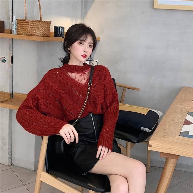 PofuloveWarm Girly Lace Yarn Spliced Neck  Knitwear Skin-friendly Loose Women Pullover Sweater