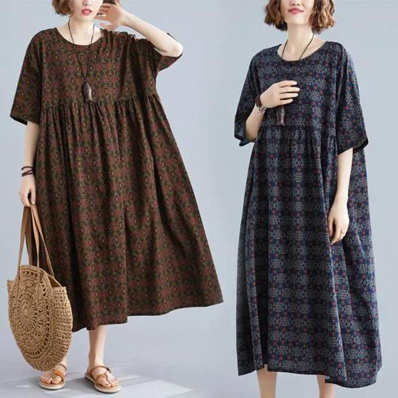 WTEMPO Plus Size Ladies Dress Summer 1/2 Sleeve Round Neck Casual Mid-calf Length