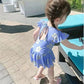 Baby Girls Swimwear Backless Cute Flower Printed One-Piece Swimsuit Summer Kids Lotus Leaf Sleeve Pleated Skirt Beachsuit