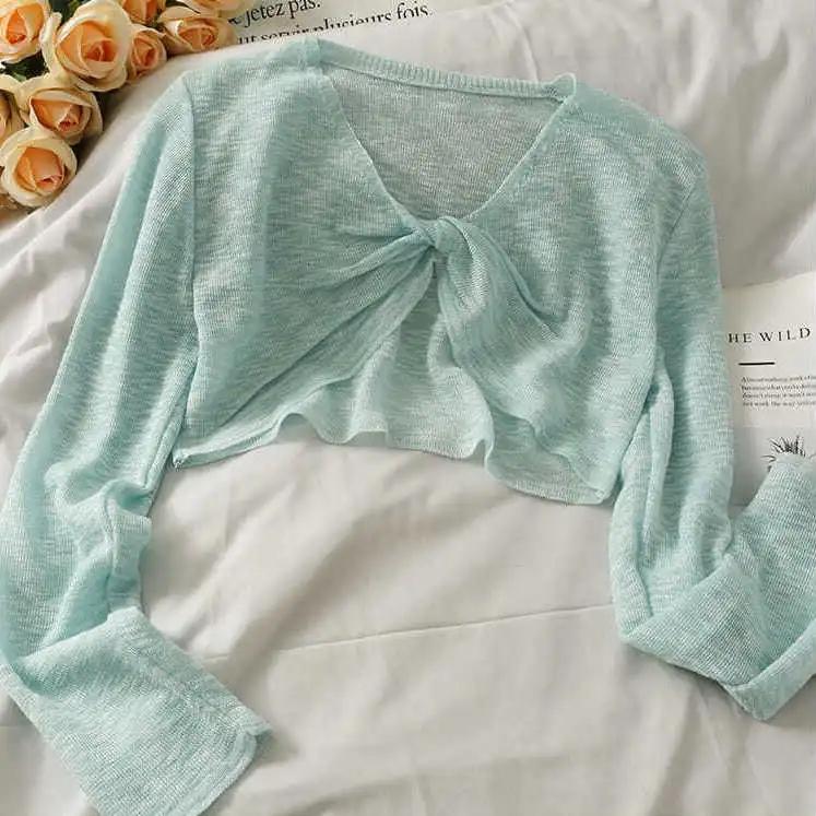 Blouse Women's Knitted Blouse Small Irregular Short Section Knotted Thin Section Summer V-neck Long-sleeved Women’s Tops
