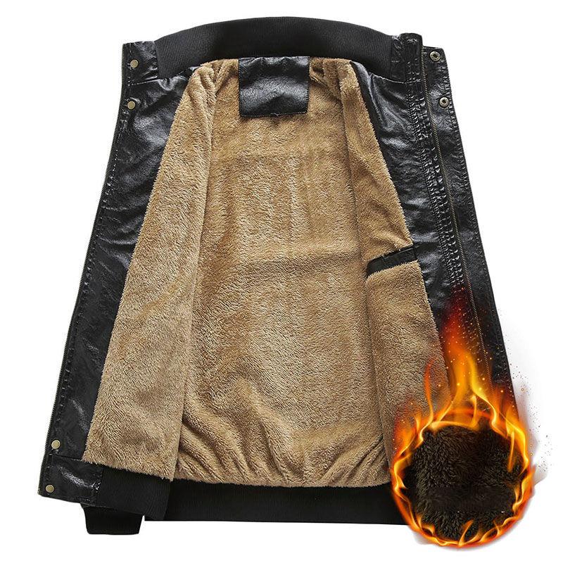 Retro plus velvet military uniform men's leather bomber leather jacket Slim stand-up collar PU casual plus size motorcycle suit