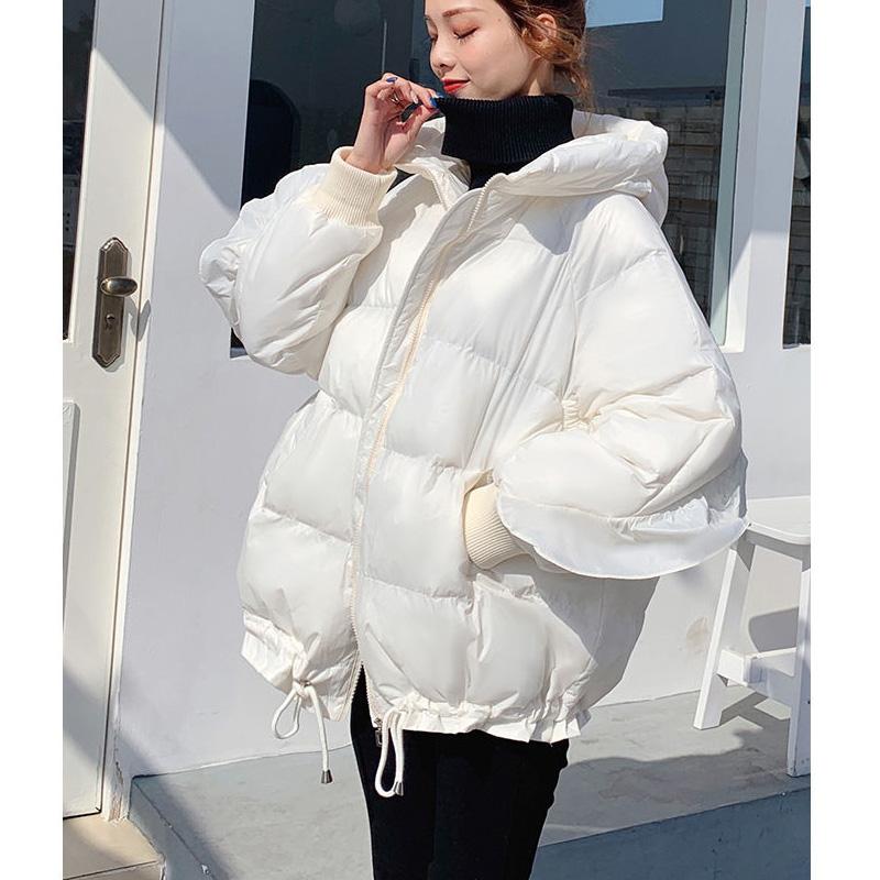 Winter Clothes New Personality Women's Down Jacket Candy Color Hooded Drawstring Ruffled Sleeves Fashionable White Duck Down Loose Coat