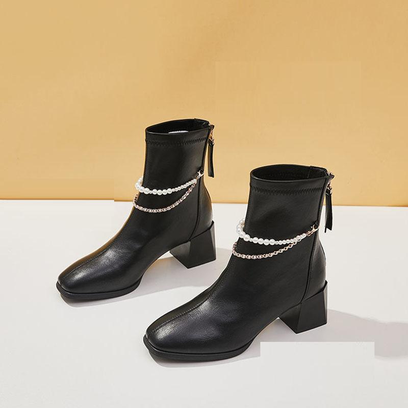 Chelsea Boots Women Short Boots Square Toe Autumn and Winter Black Snow Boots Plus Velvet Warm Cotton Boots