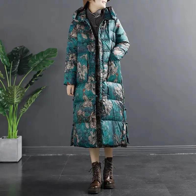 Women's Camouflage Pattern Down Jacket Chinese Style Printed Retro Buckle Mid-length Over-the-knee Large Size Ethnic Style Jacket