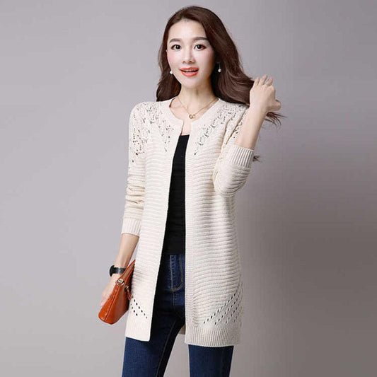 Spring and Autumn Mid-length Sweater Knitted Cardigan Hollow Top Solid Color All-match Female Jacket