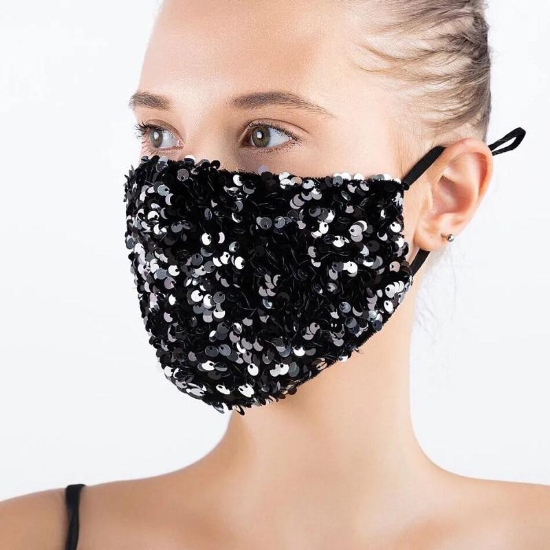 Women's Cotton Luxury Sequins Mask Windproof Dustproof Washable Mask Solid Color Shining Streetwear Face Mask Holiday Party Facial Masks Face Cover
