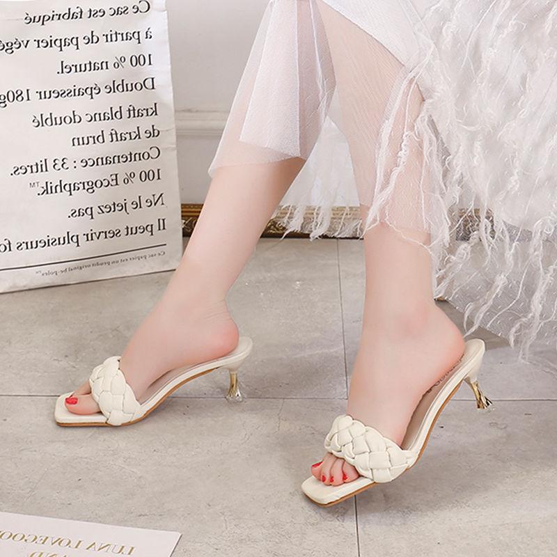 Summer All-match Thin and Woven Square Head High-heeled Sandals Female Fairy Fashion Sandals and Slippers
