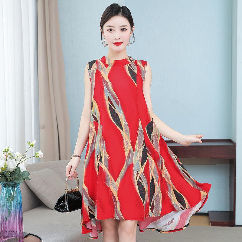 Cotton Silk Dress Female Summer Mother Sleeveless Mid-length Loose Large Home Night Skirt Beach Skirt