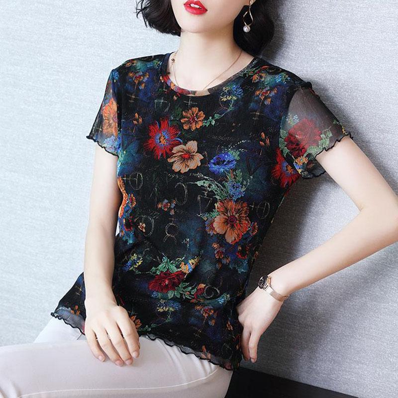 Women's Summer Lace Short Sleeve T-Shirt Round Neck Floral Slim Top