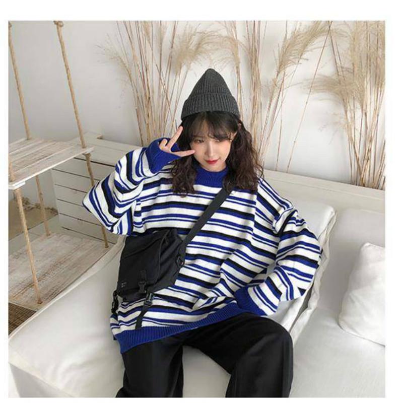 Pofulove Autumn Winter Japanese Striped Sweater Female Korean Loose Wild Round Neck Pullover Sweater