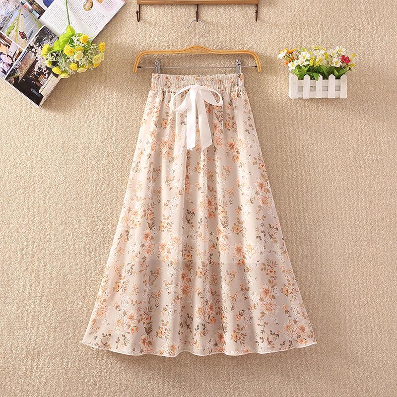 Summer High Waist Chiffon Women Midi Skirts Casual Floral Print Female Skirt Maxi Beach Skirt