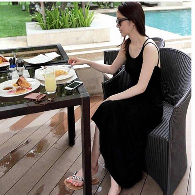 Pofulove Summer Spaghetti Strap Dress backless elastic cotton Long Maxi Dress beach party dress