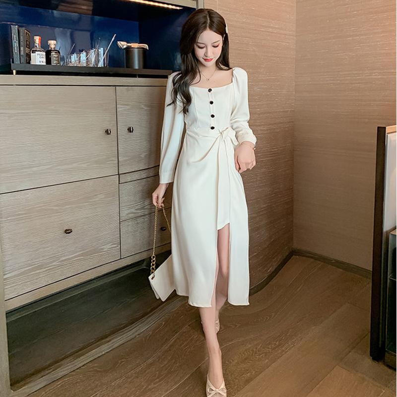 High-end Fabric Puff-sleeved Slit Dress  Square Collar  Open Back, Long-sleeved Waist  Slit Suit Skirt