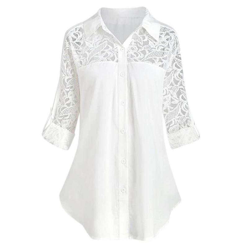 Women Blouse Lace Stitching Collared Long Sleeve Chiffon Loose Blouse Plus Size S-5XL