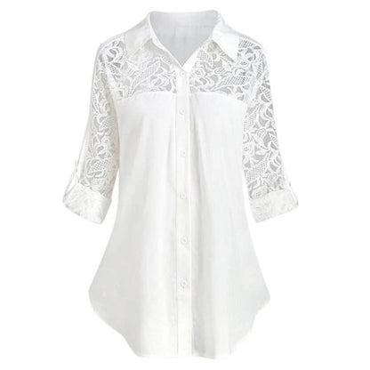 Women Blouse Lace Stitching Collared Long Sleeve Chiffon Loose Blouse Plus Size S-5XL