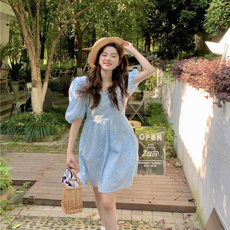 Women's Summer Floral Dress Square Neck Slim Puff Sleeve Skirt