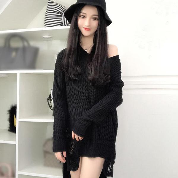 Spring and Autumn Sexy Mid-length Sweater V-neck Pullover Irregular Top Loose Hole Knit Sweater Dress