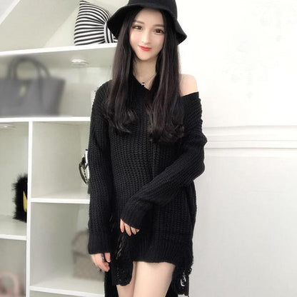 Spring and Autumn Sexy Mid-length Sweater V-neck Pullover Irregular Top Loose Hole Knit Sweater Dress
