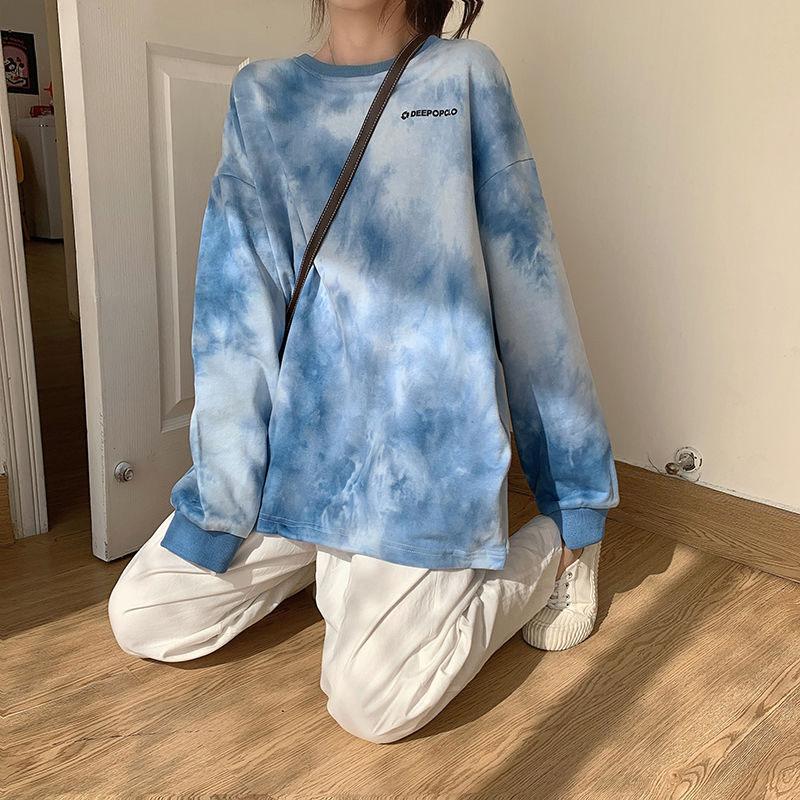 Spring  Autumn Thin Casual Long-sleeved Letter Printing Pullover Sweatshirt Tops Ladies O- Neck Tie-dye Hoodies