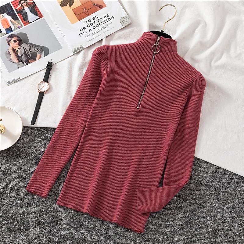 Women Half Turtleneck Knitwear Jumper Bottoming Blouse Zipper Solid Color Pullover Sweater