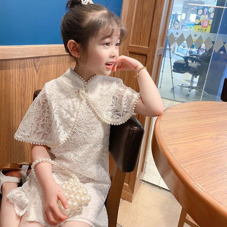 Summer Kids Dresses for Girls Little Girls Clothes Party Birthday Toddler Children Lace Princess Costume Pure Color Pearl Shawl Cheongsam Hanfu