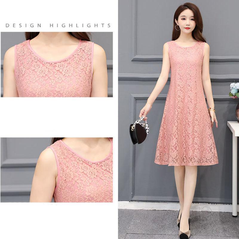 Women Sleeveless Long Skirt Casual Lace Dress Slim Temperament Bottoming Skirt for Youth Summer
