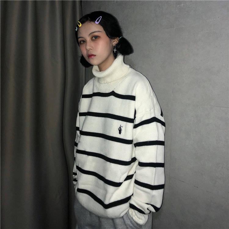 Pofulove Striped Embroidered Turtleneck Women's ulzzang Students Loose Contrast Color Sweater Coat