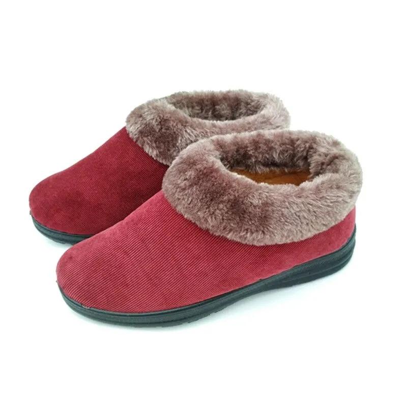 Women's Plus Velvet Warm Non-slip Cotton Shoes Home Shoes Slippers Mother Shoes Corduroy Cotton Shoes Flat-bottomed Soft Shoes for The Elderly