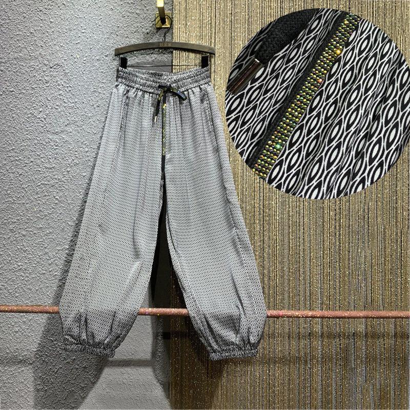 WTEMPO European Style Summer rhinestones Decoration Casual Pants Women Loose Cropped Harem Pants Thin Elastic Waist