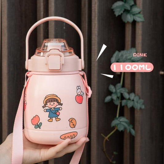 316 Stainless Steel Vacuum Flask Outdoor Water Bottle Cute Kids Tumbler with Straw Straps Handles Portable Thermos Cup for Girls
