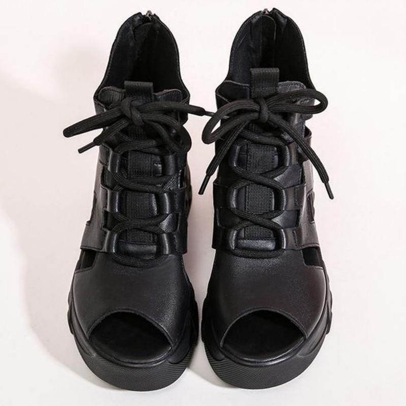 Summer Hollow Sandals  Slope-heel Platform Sandals  Fish Mouth Lace-up High-heeled Soft Leather Ethnic Roman Women’s Shoes