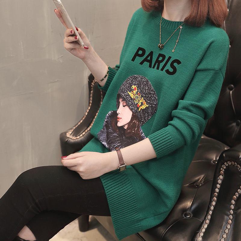 Autumn and Winter Loose Sweater Women's Pullover Round Neck Padded Jacket Mid-length Printed Knitted Dress