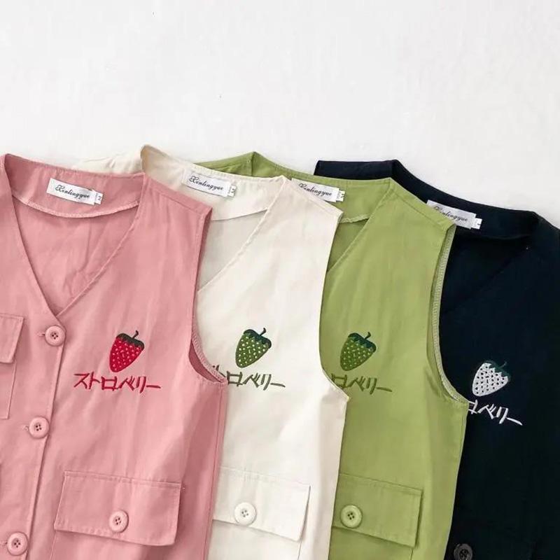 Strawberry Embroidery Women's Vest Coat Solid Color Sleeveless Spring and Summer Loose Casual Waistcoats